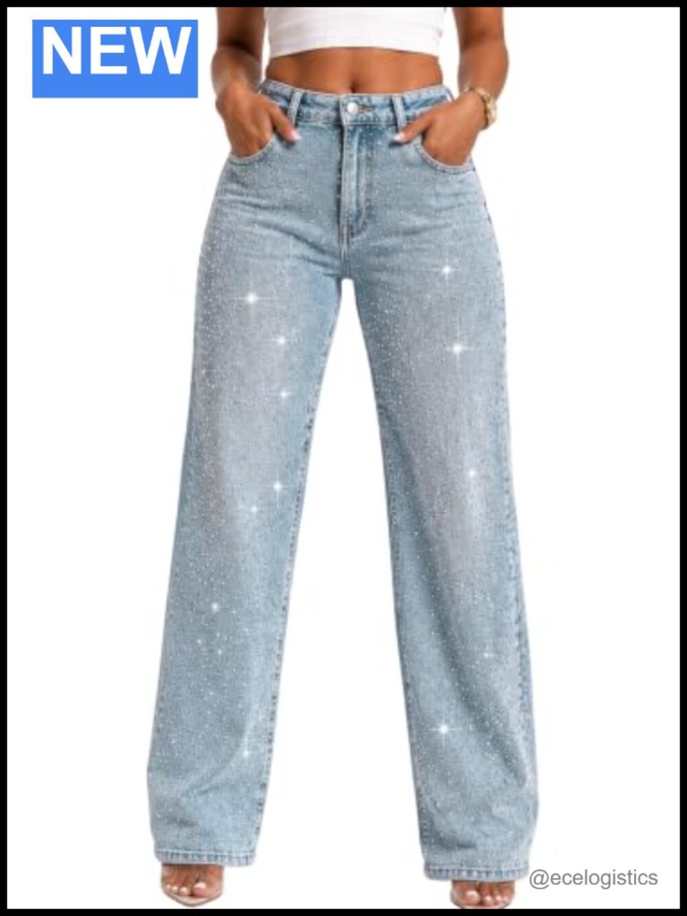 Women's High Waisted Straight Leg Rhinestone Jeans Sparkly Y2K Party Denim